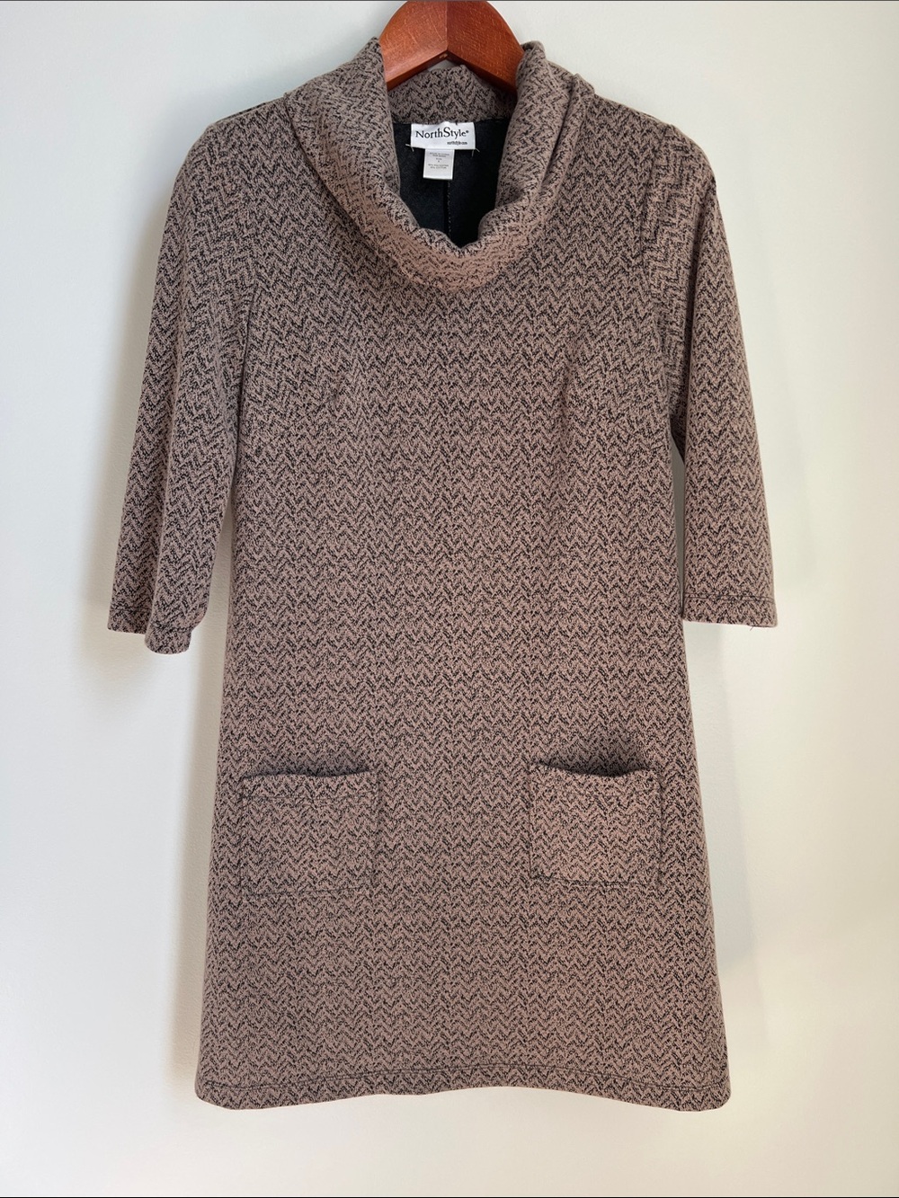 NorthStyle | Taupe Chevron Knit Cowl Neck Midi Dress Size S